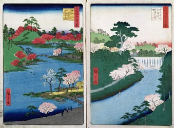 Ao longo da margem do rio, duas vistas de &39;60 -Odd vistas famosas das províncias &39;, bar. por Kosheihei em 1853, (impressão de woodblock de cor)