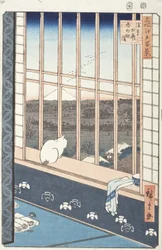 Campos de Arroz de Asakusa e Festival de Torinomachi da Série Cem Vistas Famosas de Edo, 1857 (impressão em xilogravura a cores)