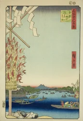 Asakusa Rive, Gleat Rive, Miya and Rive (Rio Asakusa Okawabata Miyato River), da série "Ridge dre d fa net views f Edo (famous place) One Hundred Views of Edo)”
