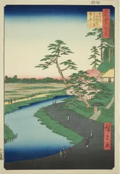Cabana de Basho na Colina das Camélias junto ao Aquaduto em Sekiguchi (Sekiguchi josui-bata Bashoan Tsubakiyama), da série "Cem Vistas Famosas de Edo (Meisho Edo hyakkei)"