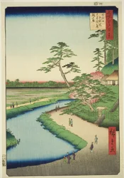 Cabana de Basho na Colina das Camélias junto ao Aquaduto em Sekiguchi (Sekiguchi josui-bata Bashoan Tsubakiyama), da série "Cem Vistas Famosas de Edo (Meisho Edo hyakkei)"