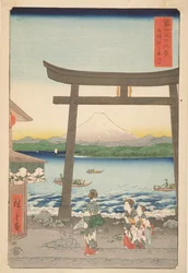 CBL J 2712 A entrada para Enoshima na província de Sagami, a partir de trinta e seis vistas do Monte Fuji, 1858 (impressão em xilogravura a cores)