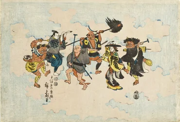 Personagens de pinturas populares Ōtsu-e a dançar Bon-odori