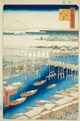 Cear wear ter a f hand r S w at Japan B ri dge (Nihonbashi snow sunny), da teserie s "ridge part d red fanet s views of edo (famoso lugar Edo) Hundred views)"