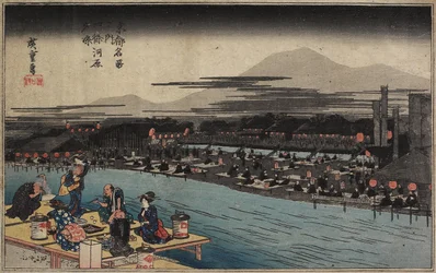 O frescor da tarde na margem do rio Shijo, c. 1834