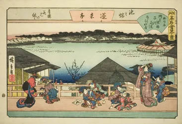 Cortesãs vendo flores de cerejeira no restaurante Horaitei em Ikenohata (Ikenohata seiro hanami no yasumi, Horaitei), da série "Restaurantes famosos de Edo (Edo komei kaitei zukushi)"