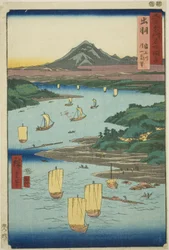 Província de Dewa: Rio Mogami e uma vista distante do Monte Gassan (Dewa, Mogamigawa, Gassan enbo), da série "Lugares famosos nas sessenta e poucas províncias (Rokujuyoshu meisho zue)"