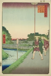 Vista distante do reservatório de Akasaka da encosta Kinokuni (Kinokunizaka Akasaka Tameike enkei), da série "Cem vistas famosas de Edo (Meisho Edo hyakkei)"
