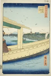 Distant View of Azuma Bridge and Kinryuzan Temple (Azumabashi Kinryuzan enbo), from the series "One Hundred Famous Views of Edo (Meisho Edo hyakkei)"