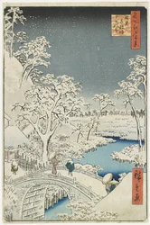 Drum Bridge e Sunset Hill em Meguro, abril de 1856