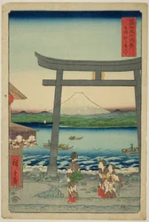 Ent Turbulent Times e Enoshima Kazusa Sagami P Lovinse (Entrada para Sagami Enoshima), da série ``Tierty Mr. x Views of Mount Fuji (Fuji Usaju Rokukatsu)