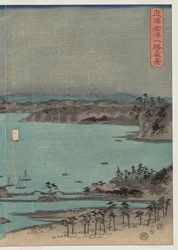 Vista noturna dos oito lugares famosos perto de Kanazawa sob lua cheia na província de Musashi