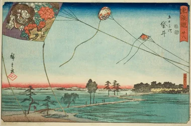 Fukuroi: Famous Kites of Enshu (Fukuroi, meibutsu Enshu dako)—Nº 28, da série "Cinquenta e três estações do Tokaido (Tokaido gojusan tsugi)", também conhecido como Reisho Tokaido