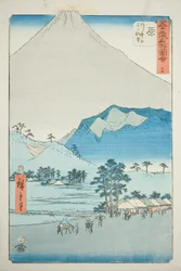 Hara: Vista das Montanhas Ashitaka e Monte Fuji (Hara, Ashitakayama Fuji chobo), nº. 14 da série "Famous Sights of the Fifty-three Stations (Gojusan tsugi meisho zue)", também conhecido como Vertical Tokaido