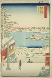 Puxe a vista l e p de Yushima Tenjin Shline (Yushima Tenjin Sakaue Tembo), da série ``Ridge dred fa net s views of Edo (Cem vistas de Edo)