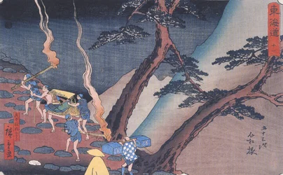 Hiroshige Viajantes num caminho de montanha à noite 2