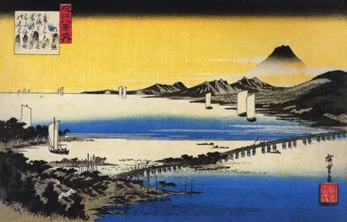 Hiroshige Vista de uma longa ponte sobre um lago
