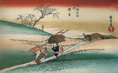 Hiroshige Mulheres a caminhar numa estrada através dos campos