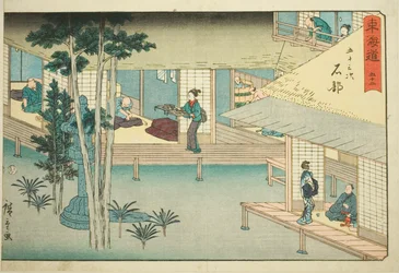 Ishibe—Não. 52, da série "Cinquenta e três estações do Tokaido (Tokaido gojusan tsugi)", também conhecido como Reisho Tokaido