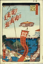 Ponte Kanasugi e Shibaura. Cem vistas famosas de Edo, c. 1858