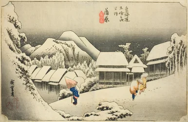 Kanbara: Evening Snow (Kanbara, yoru no yuki), da série "Cinquenta e três estações do Tokaido (Tokaido gojusan tsugi no uchi)", também conhecido como Hoeido Tokaido