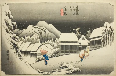 Kanbara: Evening Snow (Kanbara, yoru no yuki), da série "Cinquenta e três estações do Tokaido (Tokaido gojusan tsugi no uchi)", também conhecido como Hoeido Tokaido
