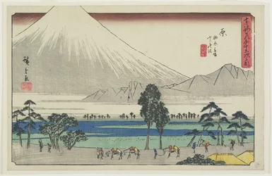 Kashiwahara área de descanso junto à lagoa com vista do Monte. Fuji, Hara, 1841-1842