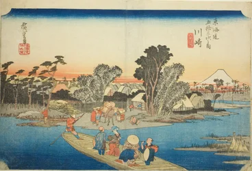 Kawasaki: The Rokugo Ferry (Kawasaki, Rokugo watashibune), da série "Cinquenta e três estações do Tokaido (Tokaido gojusan tsugi no uchi)", também conhecido como Hoeido Tokaido
