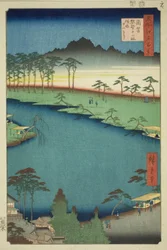 Santuário Kumano Junisha em Tsunohazu, Popularmente Conhecido como Juniso (Tsunohazu Kumano Junisha, zokusho Juniso), da série "Cem Vistas Famosas de Edo (Meisho Edo hyakkei)"