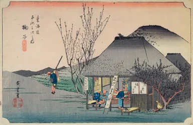Mariko: casa de chá conhecida pela sua especialidade, da série &39;Cinquenta e Três Estações no Tokaido&39;, c.1834-35 (impressão em xilogravura a cores)