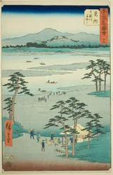Mitsuke: Balsa no Rio Tenryu (Mitsuke, Tenryugawa funewatashi), nº 29 da série "Famous Sights of the Fifty-three Stations (Gojusan tsugi meisho zue)", também conhecido como Vertical Tokaido
