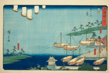 Miya: Shichiri Ferry Crossing, Gate to the Atsuta Shrine e Nezame Village (Miya, Shichiri no watashi, Atsuta no torii, Nezame no sato)—Nº 42, da série "Cinquenta e três estações do Tokaido (Tokaido gojusan tsugi) )", também conhecido como Reisho Tokaid