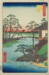Templo de Mokubo, enseada de Uchigawa, Gozensaihata (Mokuboji Uchigawa Gozensaihata), n.o 92 da série "Cem vistas famosas de Edo (Meisho Edo hyakkei)"