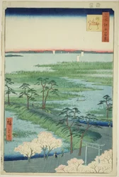 Moto Hachiman Sh Rine, Sunamura (Sunamura Moto Hachiman), da série ”Ridge for ridges and nets Views of Edo (One Hundred Famous Views of Edo)”