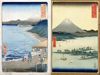 Montanhas e litoral, dois pontos de vista de &39;36 vistas do Monte Fuji &39;, pub. por Kosheihei, 1853, (impressão do woodblock da cor)
