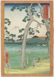 O monte Fuji à esquerda, visto da estrada de Tokaido, abril de 1858