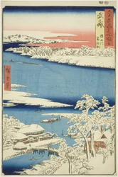 Província de Musashi: Manhã após a neve no rio Sumida (Musashi, Sumidagawa yuki no ashita), da série "Lugares famosos nas sessenta e poucas províncias (Rokujuyoshu meisho zue)"