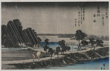 Chuva noturna no Santuário Azuma da série Oito Vistas dos arredores de Edo, meados da década de 1830.
