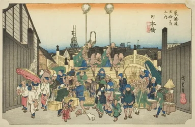 Nihonbashi: Partida da Procissão (Nihonbashi, gyoretsu furidashi), da série "Cinquenta e três estações da estrada de Tokaido (Tokaido gojusan tsugi no uchi)", também conhecida como Hoeido Tokaido