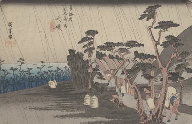 No. 9 &39;Oiso: Chuva de Tora&39; de 53 estações do Tokaido, c.1833