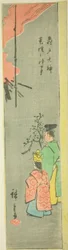 Oferecendo Colza no Santuário Kameido Tenjin (Kameido Tenjin natane no jinji), parte de uma folha da série "Fotos recortadas de lugares famosos em Edo (Edo meisho harimaze zue)"