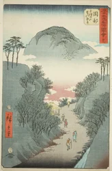Okabe: Estrada estreita coberta de hera no Monte Utsu (Okabe, Utsu no yama tsuta no hosomichi), nº. 22 da série "Famous Sights of the Fifty-three Stations (Gojusan tsugi meisho zue)", também conhecido como Vertical Tokaido