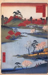 Jardim aberto no santuário Hachiman em Fukagawa. Cem vistas famosas de Edo, cerca de 1858