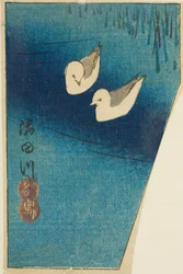 Ostraceiros no rio Sumida (Sumidagawa, miyakodori), seção de uma folha da série "Recortes de lugares famosos em Edo (Harimaze Koto meisho)"