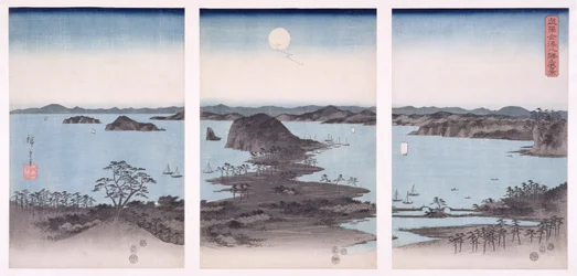 Panorama de vistas de Kanazawa sob a lua cheia, da série &39;neve, lua e flores&39;, 1857 (impressão em xilogravura)