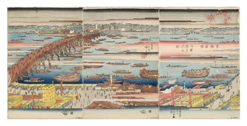 Vista panorâmica de uma noite de verão na Ryogoku Bridge, c.1832-34 (woodblock)