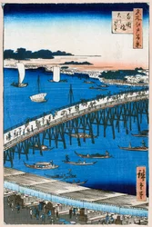 Margem do rio na ponte Ryogoku cem vistas famosas de Edo, 1856-1858.