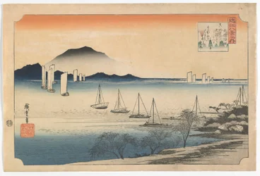 Veleiros que retornam a Yabase, período de Edo, 1830s adiantados (impressão do woodblock da cor)