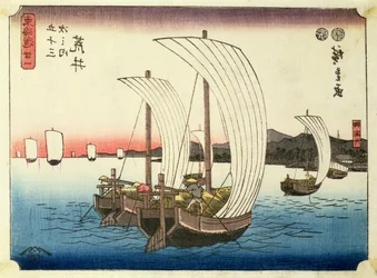 Barcos de navigação em Arai, da série &39;53 estações do Tokaido &39;, bar. por Hoeido, final dos anos 1840, (tamanho chuban, yoko-e - formato horizontal, impressão em xilogravura colorida)