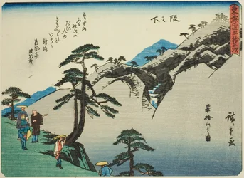 Sakanoshita: Vista do Monte Fudesute (Sakanoshita, Fudesuteyama no zu), da série "Cinquenta e três estações do Tokaido (Tokaido gojusan tsugi)", também conhecido como o Tokaido com Poema (Kyoka iri Tokaido)
